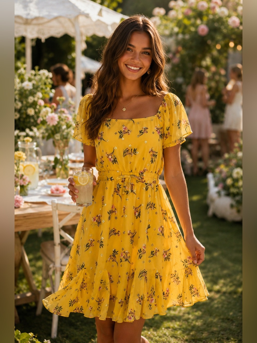 Trixxi Girl Yellow Floral Mini Dress L XL Cottagecore Garden Party Boho Fairy